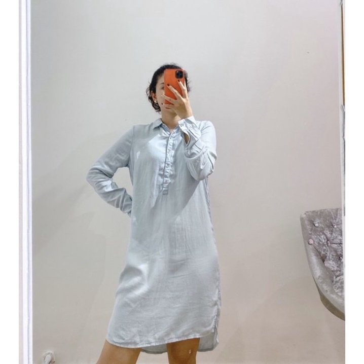 Denim collared shirt dress f21 vnxk đầm sơ mi jean giấy tay dài form suông forever 21 xuất khẩu dư xịn