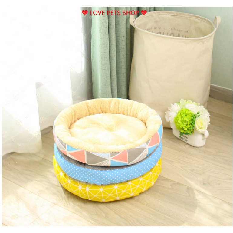 NỆM NẰM CHO CHÓ MÈO, ĐỆM TRÒN LÓT LÔNG BỌC VẢI VIỀN - LOVE PETS SHOP
