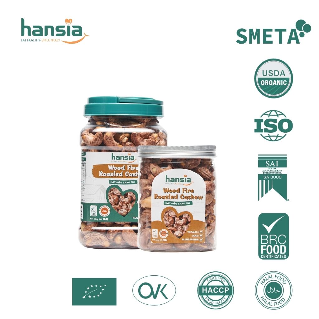 Hạt Điều Rang Muối Organic HANSIA Vị Tự Nhiên Thơm Ngon, Bổ Dưỡng, Không Chất Phụ Gia, Hạt To, Đều Hộp 250g - 454g