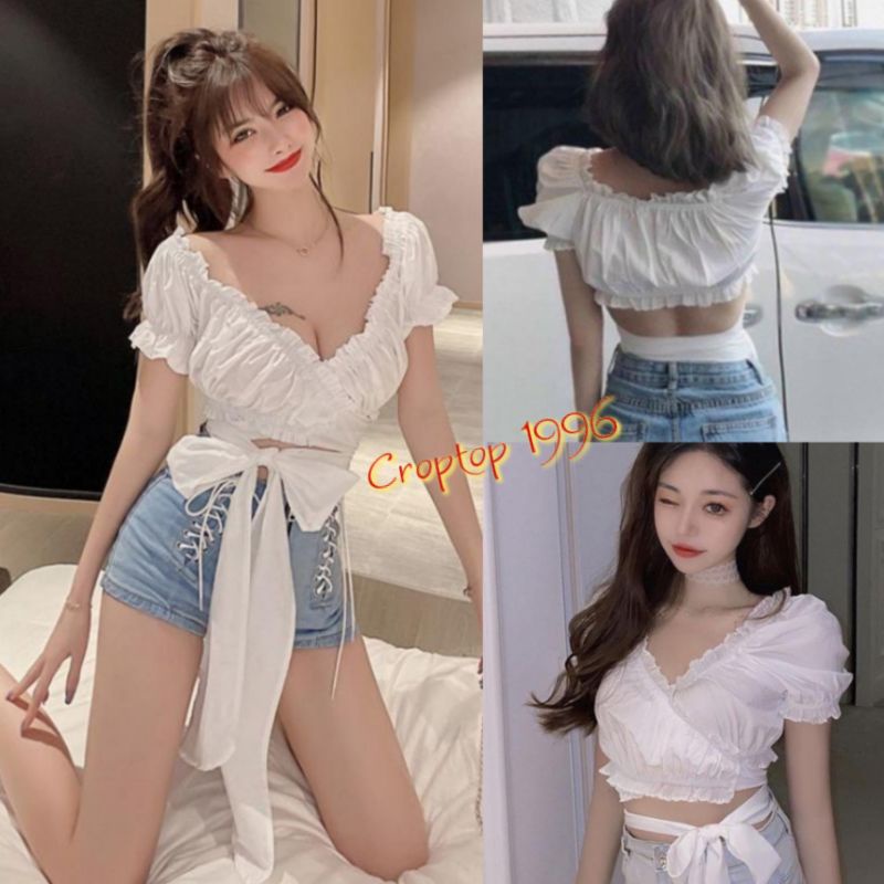 Áo buộc dây nơ eo trước - áo kiểu croptop dáng điệu đà . mã A13