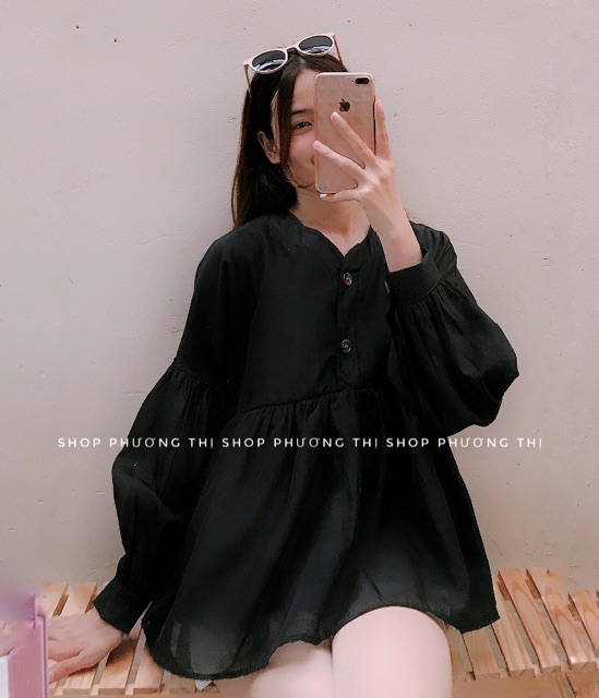 Áo sơ mi babydoll trắng cổ V cúc nổi (hình thật/video/sẵn)