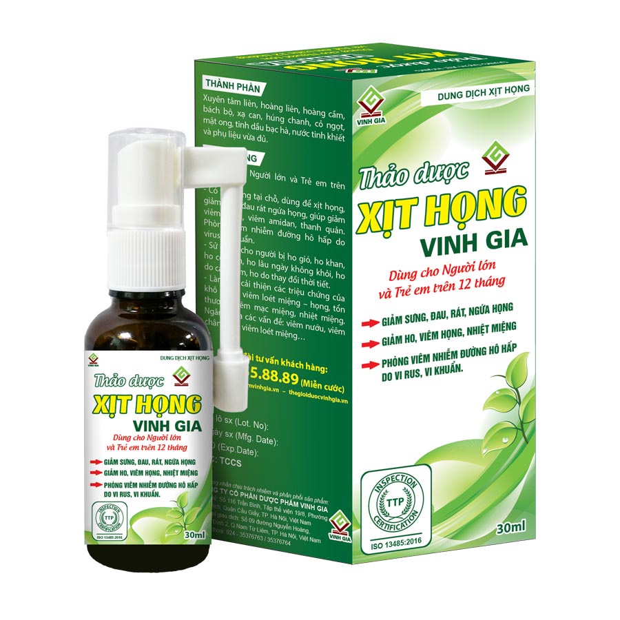 Xịt Họng Thảo Dược VINH GIA Giảm Sưng Họng Và Ho Dành Cho Người Lớn, Trẻ Em Trên 12 Tháng Tuổi Lọ 30ml