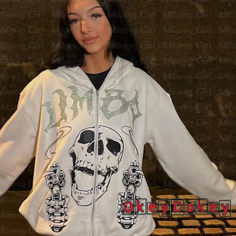 Áo Khoác Hoodie Có Khóa Kéo In Hình Đầu Lâu Đính Đá Y2k Phong Cách Đường Phố Cho Nữ
