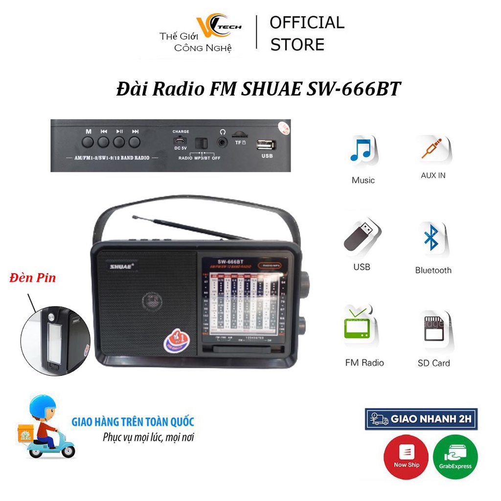 Đài radio SHUAE thẻ nhớ USB FM SW 666BT có Bluetooth | Đài FM Nghe nhạc cực hay dành cho người già, tính năng Đèn Pin