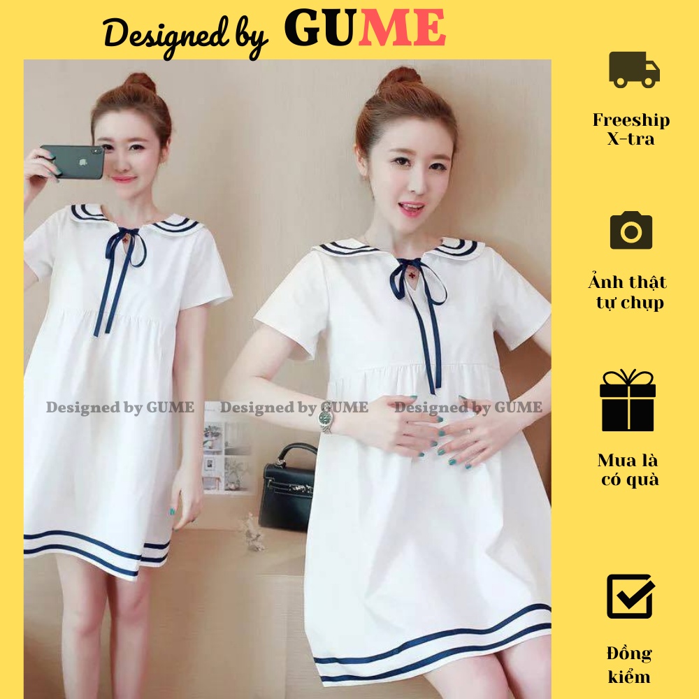 Váy bầu thiết kế - Đầm Bầu Babydoll Nơ Cổ Phối Viên Chân Váy - ảnh thật