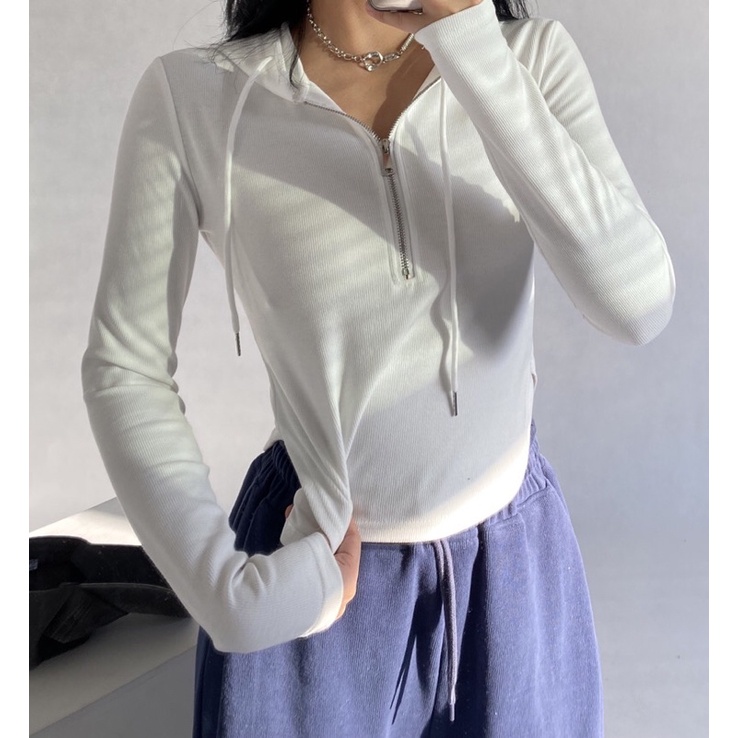 Áo hoodie croptop thun mịn vạt bầu nửa khoá kéo dài tay