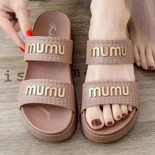 Dép quai ngang nữ, dép 2 quai MuMu chữ dập nổi độn đế 4cm cực xinh 3TDEP