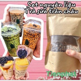 Set nguyên liệu pha trà sữa trân châu đường đen - thái xanh - thái đỏ - pudding trứng