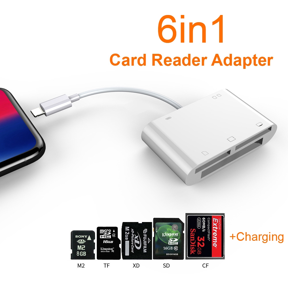 Bộ đọc thẻ nhớ 6 trong 1 cắm đầu Lightning sang USB Camera SD TF SD CF XD M2 cho iPhone X
