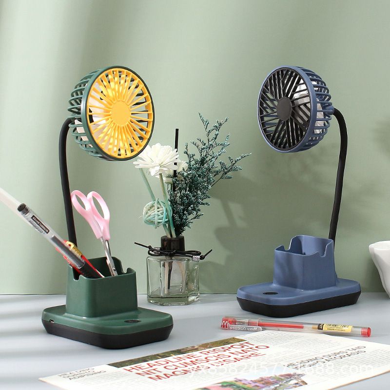 Quạt tích điện mini có hộp đựng bút và kệ điện thoại,,,,