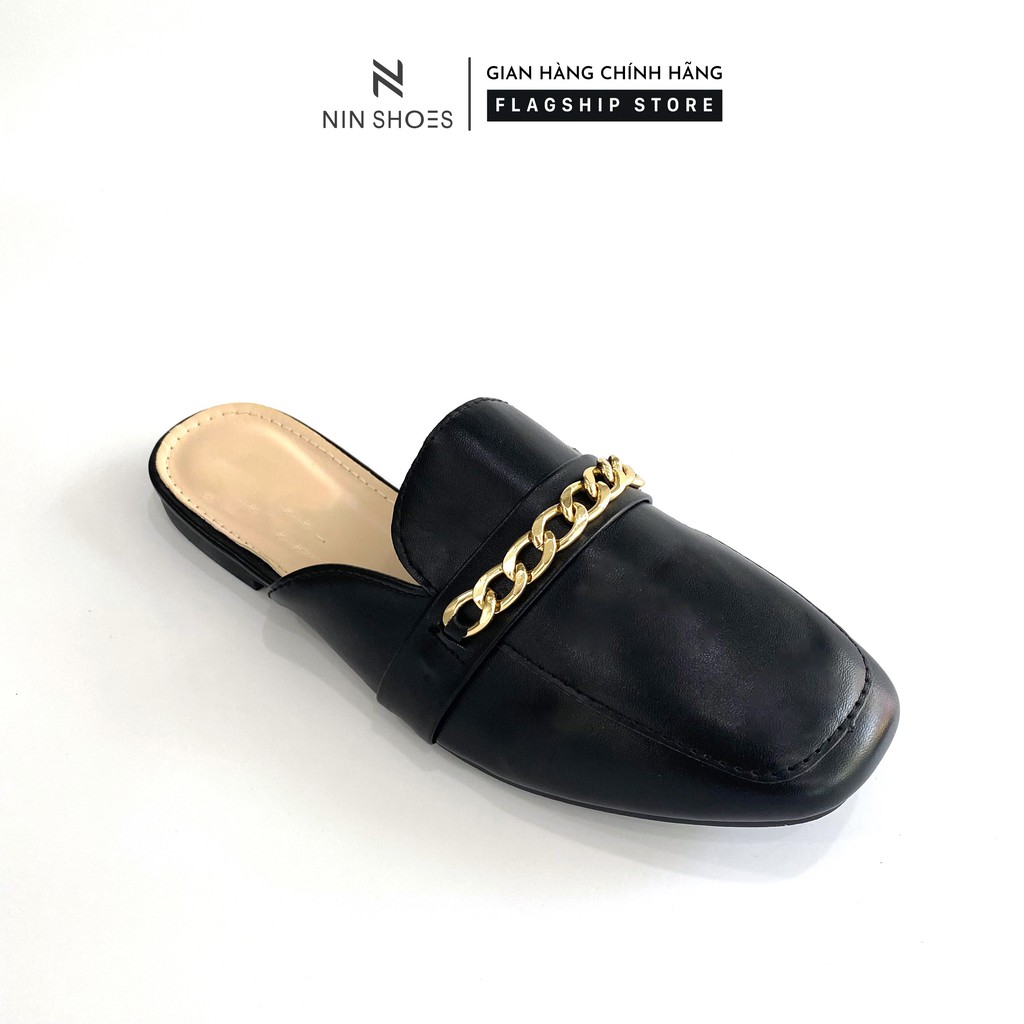 Sục nữ Nin Shoes - Dép sục nữ mũi vuông đính xích vàng 2 màu siêu xinh