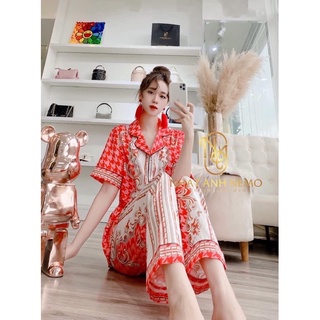 PIJAMA TAY NGẮN CÔNG ĐỎ LỤA XƯỚC U009.