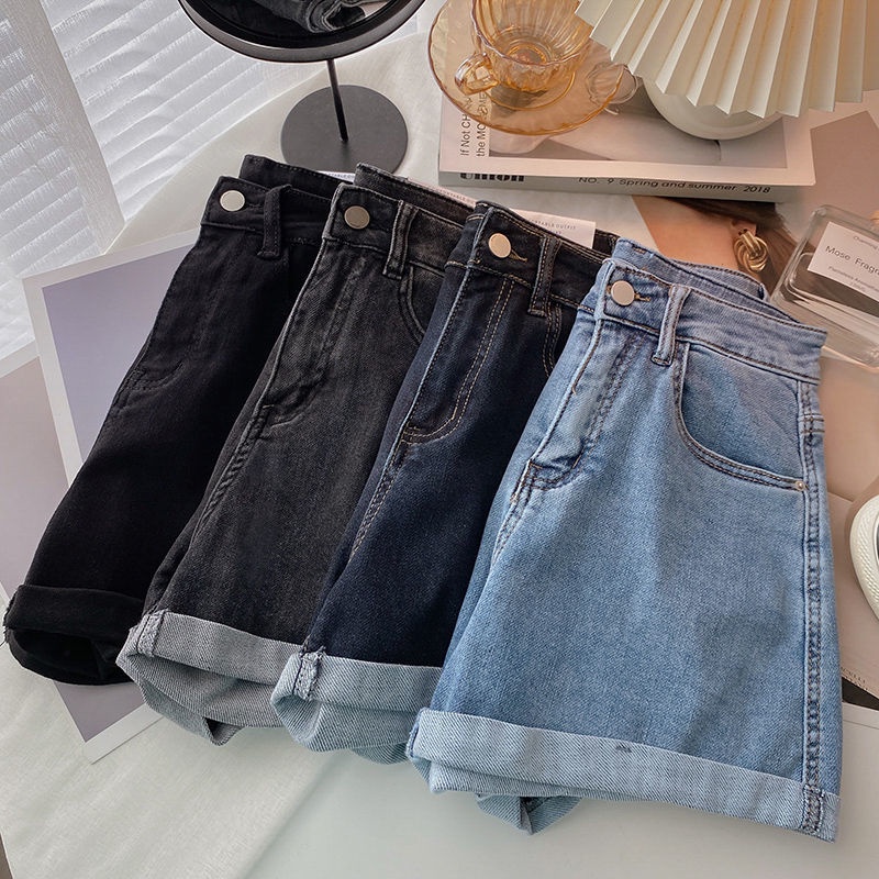 Quần Short Denim Chữ A Lưng Cao Ống Rộng Phong Cách Hàn Quốc Mới Cho Nữ