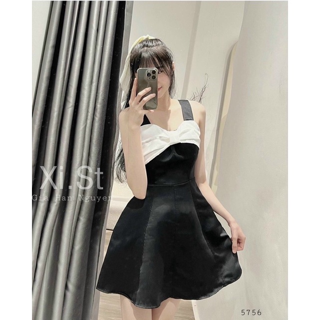 Đầm 2 dây đen phối nơ trắng- có video quay hình thật
