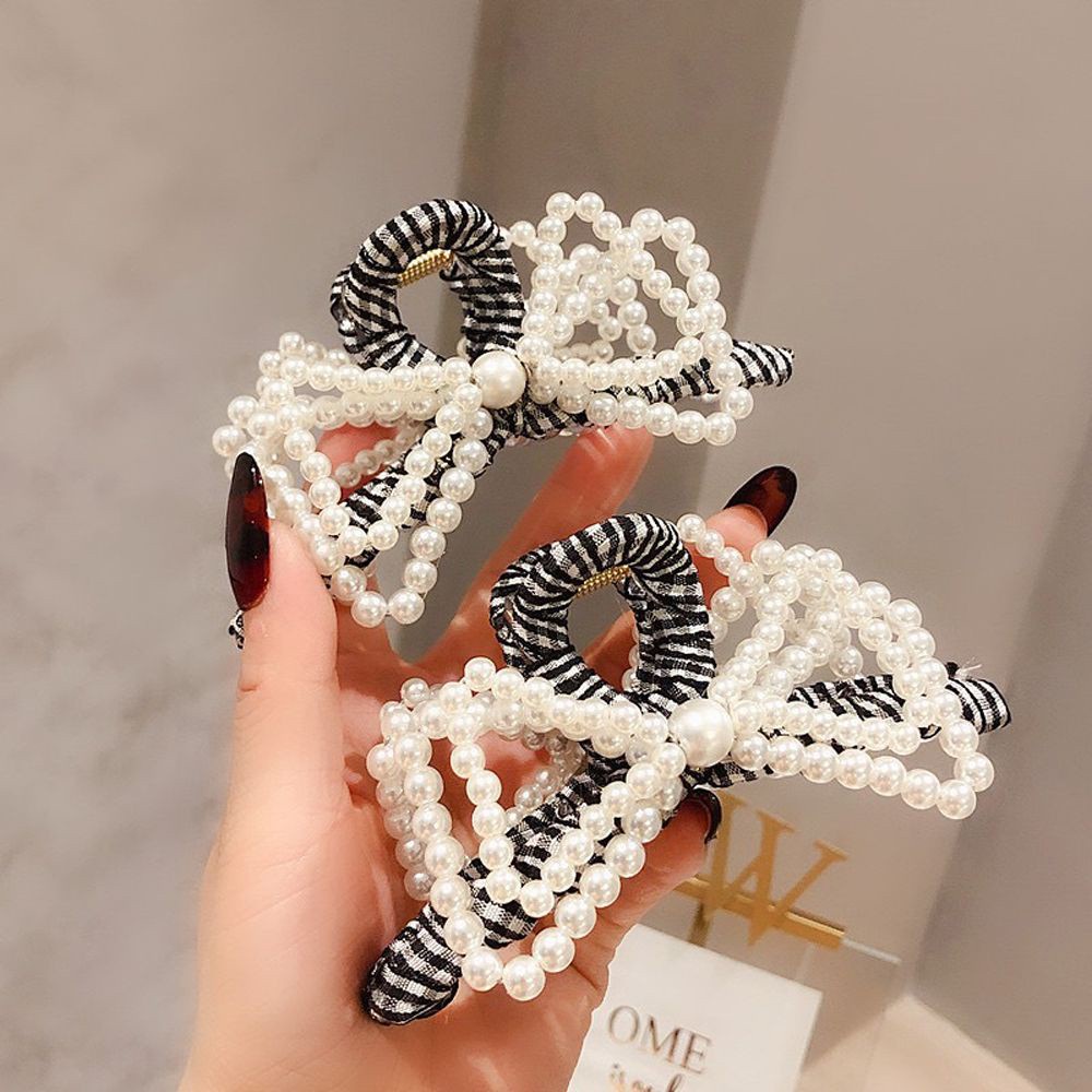 Kẹp bấu tóc đuôi ngựa hai lớp đính nơ và ngọc trai phong cách Hàn Quốc thanh lịch mới cho nữ