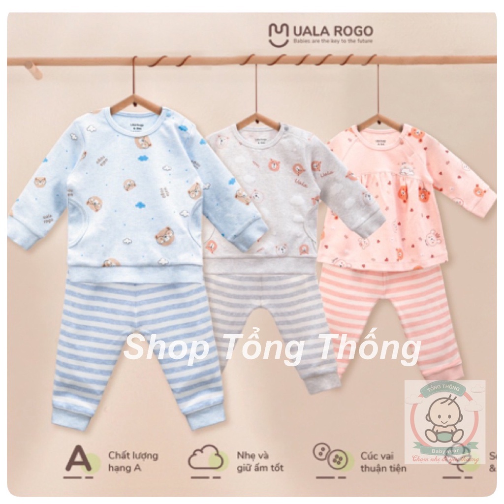 Bộ Uala Rogo cotton dài tay cài vai gấu teddy nhí quần màu trơn cao cấp mềm mịn thấm hút tốt cho bé trai bé gái 3915