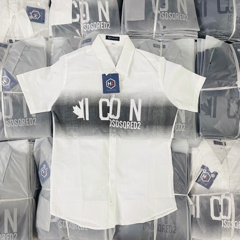 Áo sơ mi nam nữ ngắn tay chất liệu vải đũi in chữ ICON phong cách thời trang công sở tinh tế và sang trọng