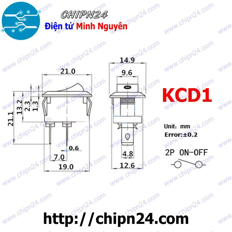 [5 CÁI] Công tắc bập bênh KCD1 ĐEN 2 CHÂN 6A 250VAC 19x12mm