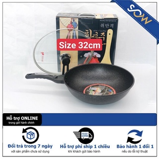 Chảo chống dính siêu bền sâu lòng đá coopia hàn quốc có nắp kính size 32cm/30cm, kèm vung, siêu bền, tay cầm chắc chắn