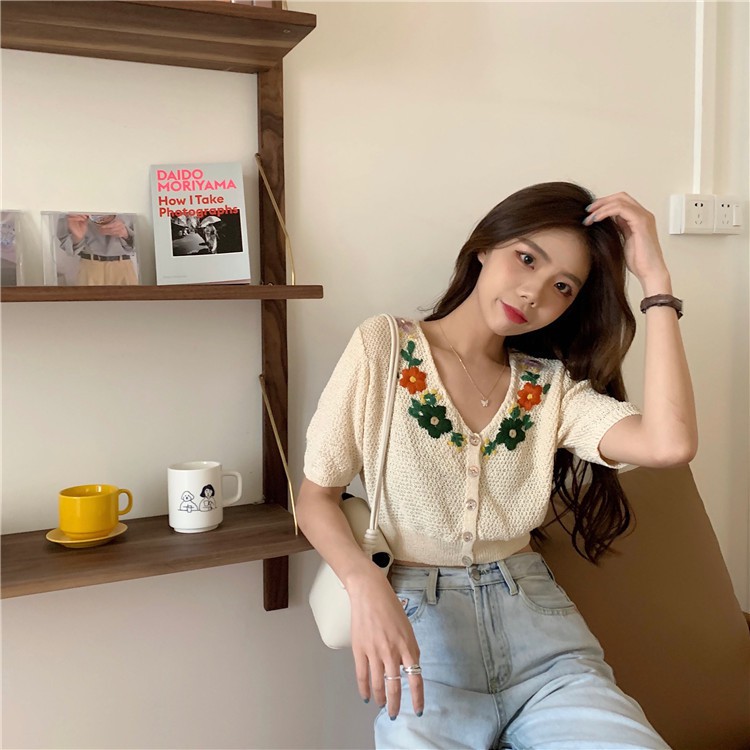 [Hàng Nhập]  Áo Crop top Len Đi Biển Mùa Hè Thêu Hoa #OLOME2