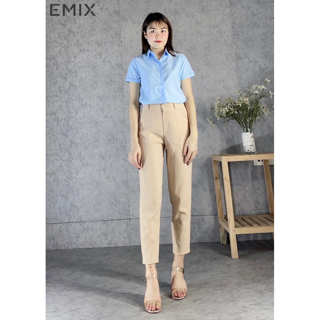 Áo sơ mi công sở cơ bản EMIX (màu trắng), dáng dài, form rộng, vải lụa thô, mềm mịn, không bai xù a66
