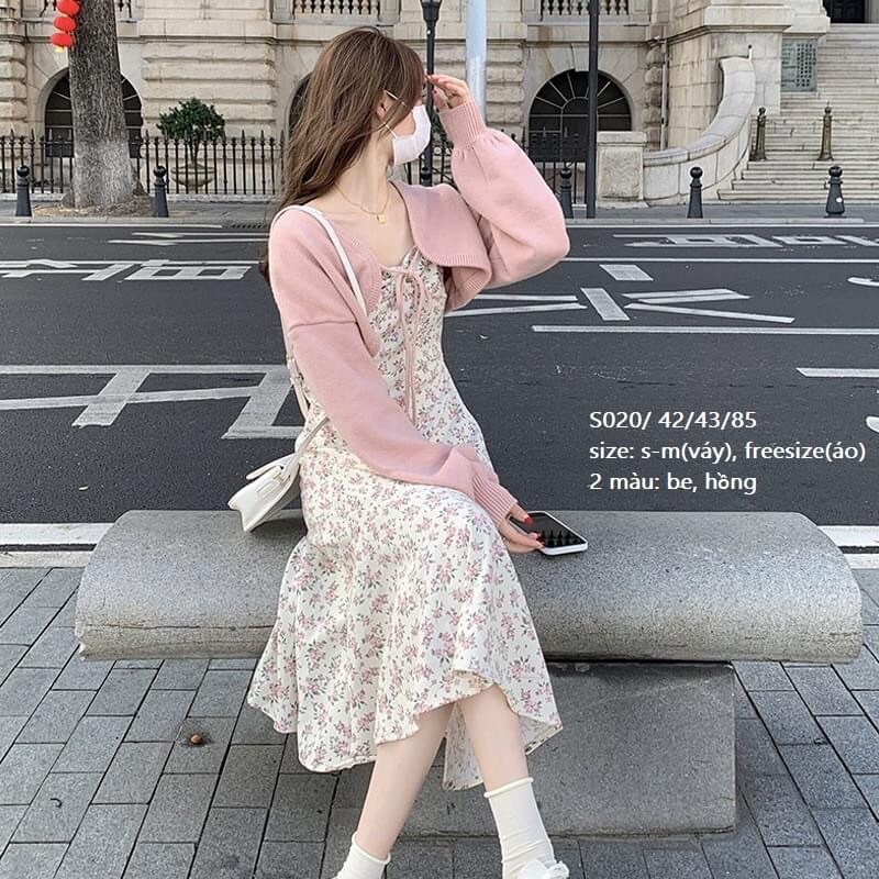 Set váy hoa nhí vintage dáng dài style Hàn quốc + khoác len Cardigan croptop dây buộc nơ cổ, tay phồng xinh xắn