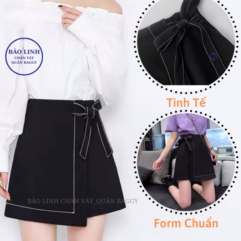 Chân váy ngắn công sở đen lưng cao viền chỉ phối nơ dáng chữ A mặc đi làm đi học