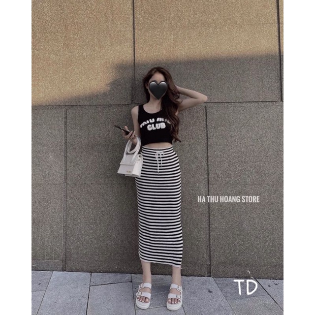 Sét len áo sát nách miu+ chân váy kẻ hàng QC