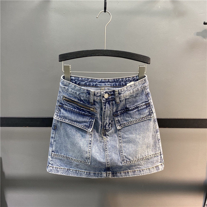 European tooling pocket denim skirt women's 2022 summer new skinny a-bag hip half skirt