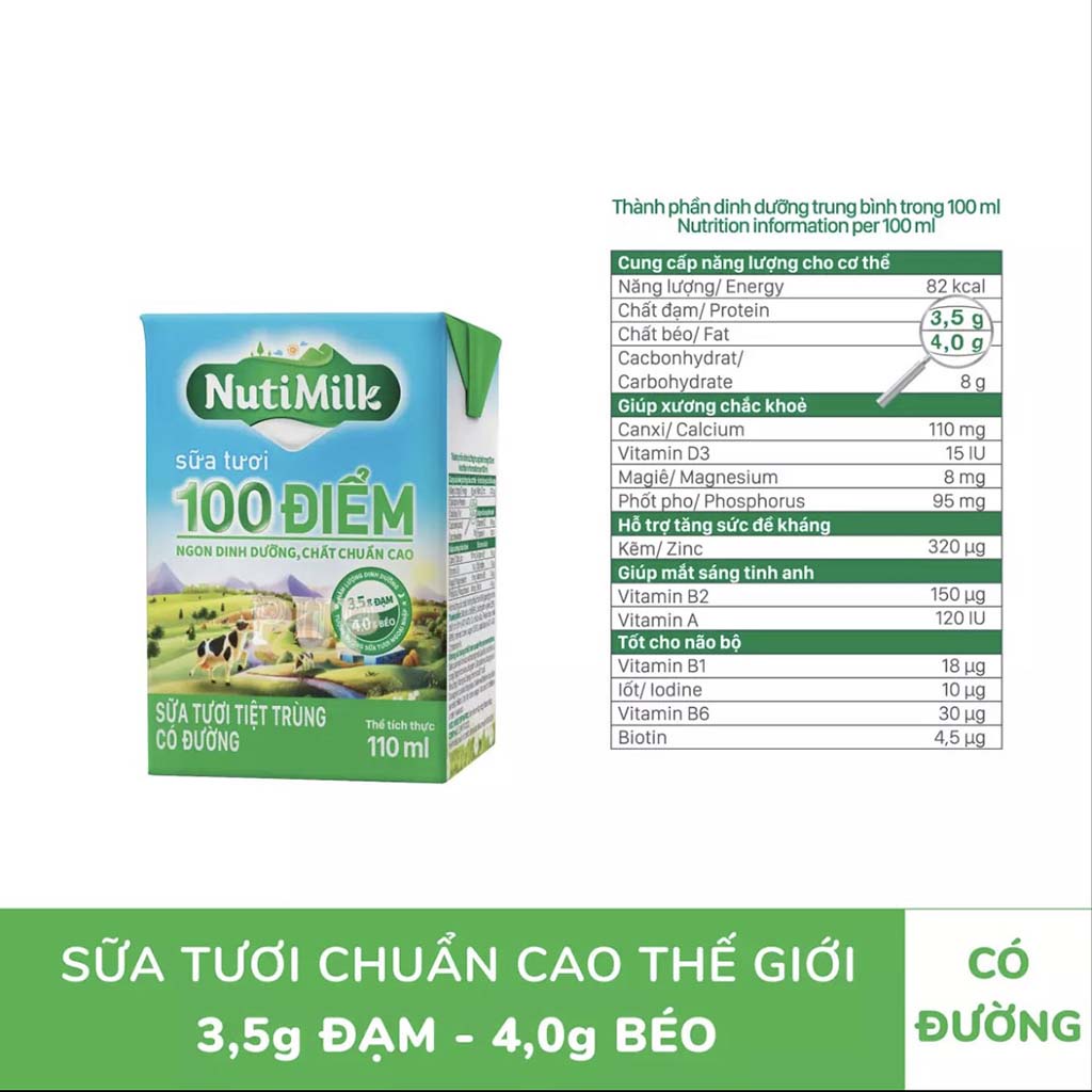 Sữa Tươi Tiệt Trùng 100 Điểm Có Đường Nutimilk 110ml