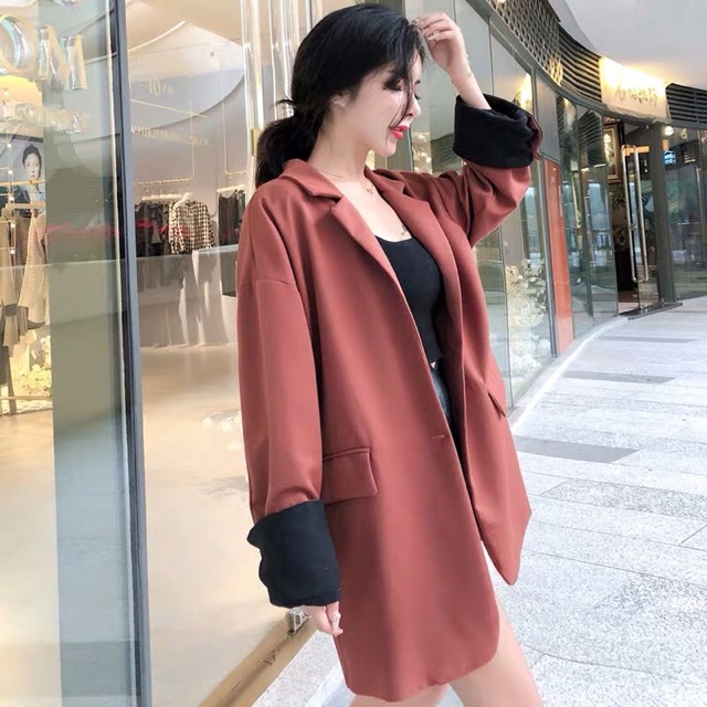 Áo khoác vest blazer công sở màu trơn đen cam túi nắp phối tay màu