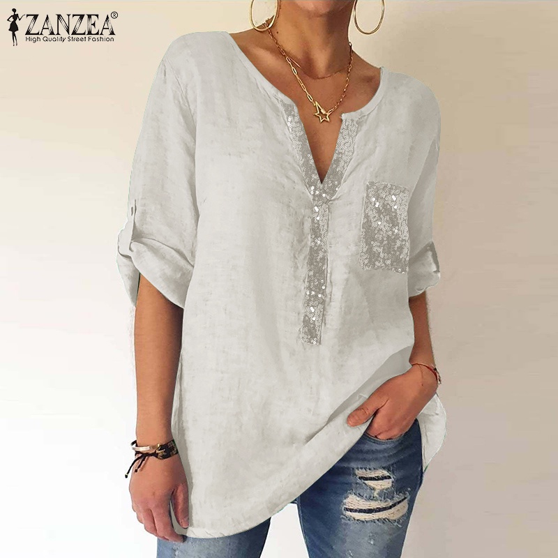 Áo ZANZEA tay dài dáng rộng màu trơn trang trí túi phía trước cổ chữ V phong cách retro vintage dành cho nữ