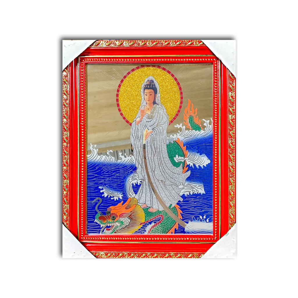Tranh Kiếng Quan Âm Đứng Rồng - Nền Gương - Tranh kiếng - Khung gỗ