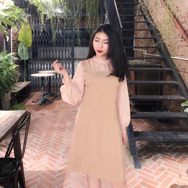 KÈM ẢNH THẬT Đầm Cổ Xếp Li Phối Voan KEM/ĐEN