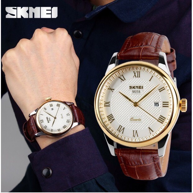 [Tặng vòng tay] Đồng hồ đôi SKMEI chính hãng SK9058 dây da chống nước cao cấp
