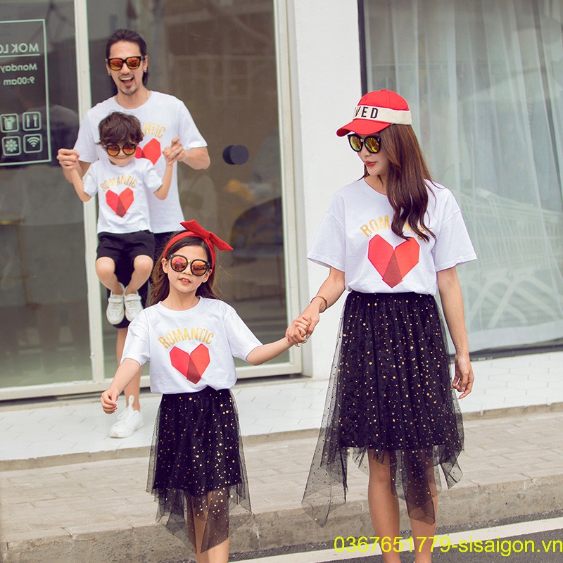 Áo Thun Gia Đình Romantic Trái Tim Đồng phục gia đình 3/4/5 người, áo thun nhóm giá rẻ thun cotton mát mịn, không nhăng