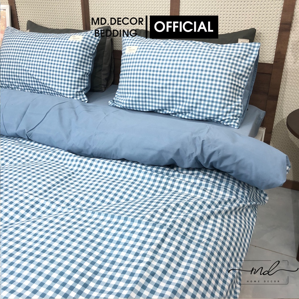 Bộ chăn ga gối Cotton Tici MD.Decor - Bedding họa tiết caro kẻ xanh dương vintage dễ dàng phối phòng ngủ M4 M6 M8