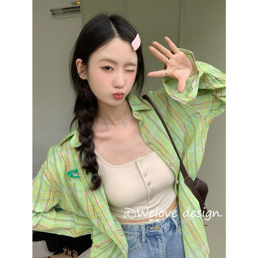 「 WELOVE1 」Áo Sơ Mi Nữ Tay Dài Dáng Rộng Họa Tiết Caro Màu Xanh Lá Phong Cách Retro Mùa Hè Mới