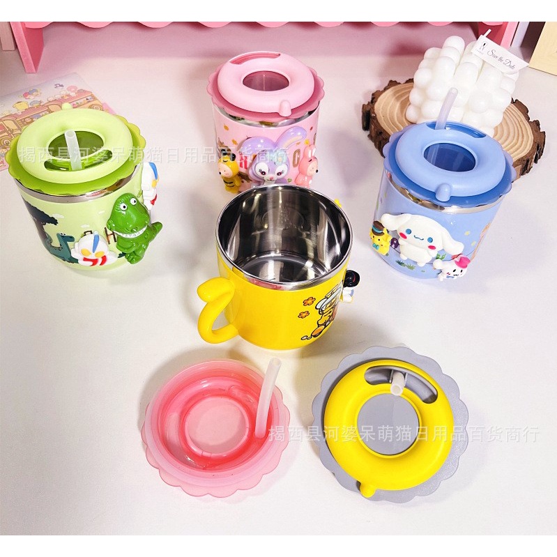Mẫu mới Ly Uống Nước Inox Cho Bé Nắp Xoay Kèm Ông Hút Hello Kitty, Doraemon, Mickey 270ml