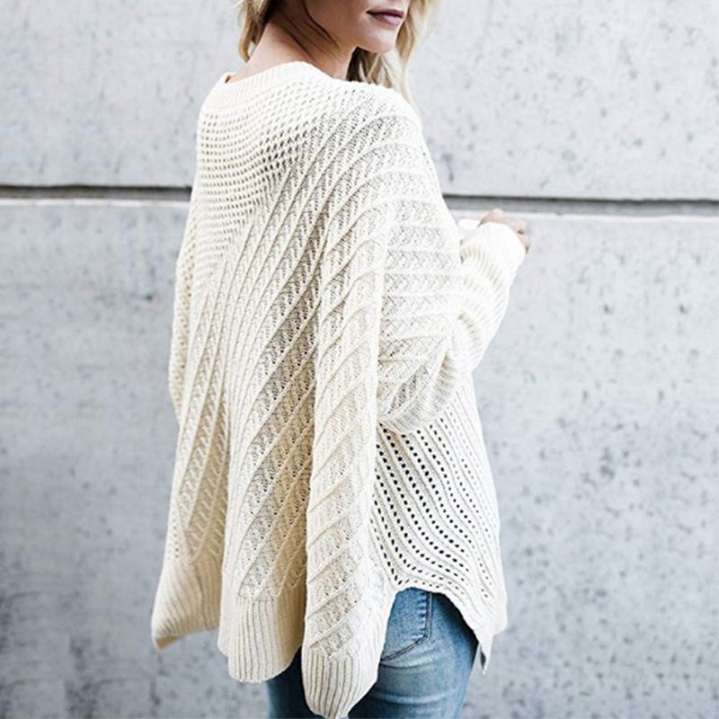 Áo Sweater Dệt Kim Chui Đầu Dáng Rộng Tay Cánh Dơi Lệch Vai Phối Khóa Kéo Cho Nữ