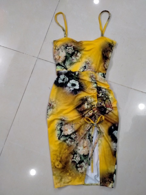 Đầm body 2 dây thun dẻo in 3D hoạ tiết hoa rút dây có mút ngực cực sexy kèm hình thật