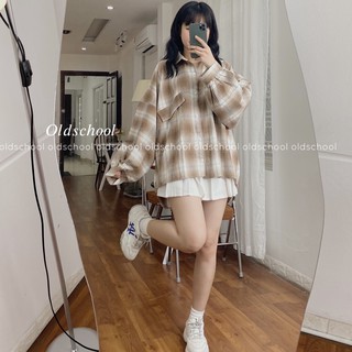 ÁO SƠ MI TAY PHỒNG KẺ NÂU NHẠT (ảnh thật)