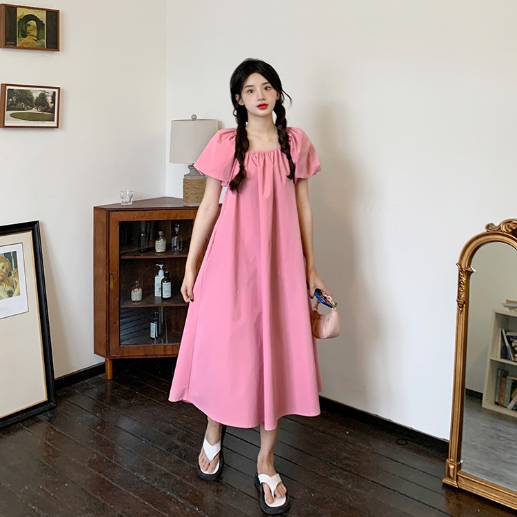 váy Hàn Quốc thiết kế tay áo phồng màu hồng dễ thương