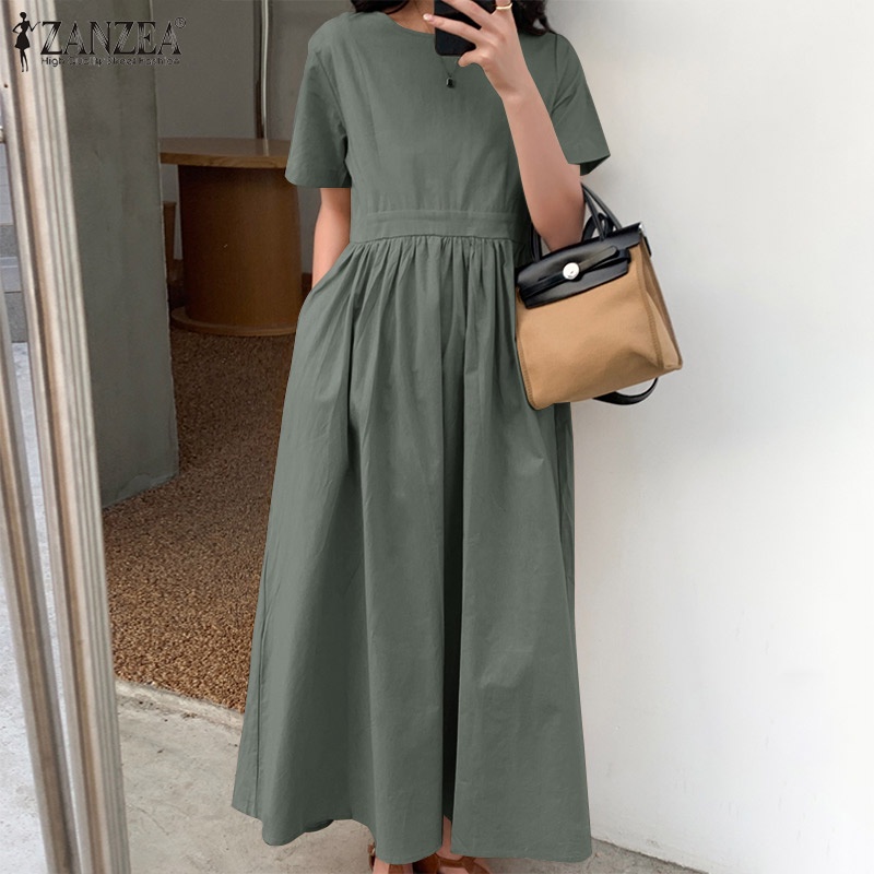 Đầm maxi ZANZEA ngắn tay có khóa kéo sau lưng thời trang cho nữ