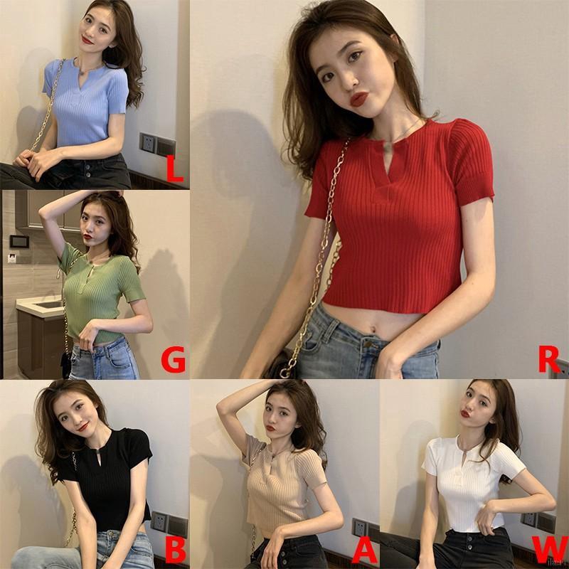 Áo Nữ Áo croptop dệt kim tay ngắn thiết kế cổ chữ V nữ tính