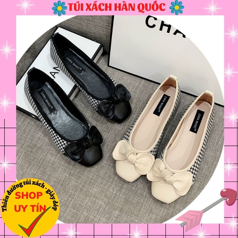 Giày Bệt Nữ ♥️FREESHIP♥️ Giày Búp Bê Kẻ Đính Nơ Đế Dẻo Da Mềm Siêu Xinh TXHQ 69