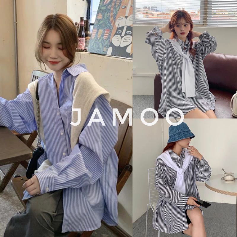 Áo sơ mi kẻ sọc dài tay kèm khăn choàng phong cách Hàn Quốc