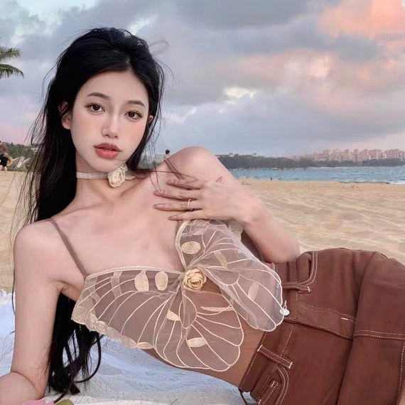 ◐♘Áo Hai Dây Họa Tiết Bướm Hoa Làm Thủ Công Phong Cách Phương Tây Retro Sang Trọng Ngọt Ngào Dành Cho Bạn Gái