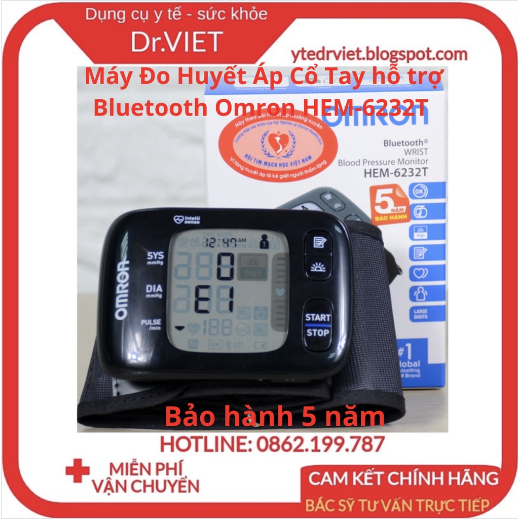 Máy Đo Huyết Áp Cổ Tay hỗ trợ Bluetooth Omron HEM-6232T - Báo huyết áp và nhịp tim chính xác,bảo hành 5 năm-Drviet