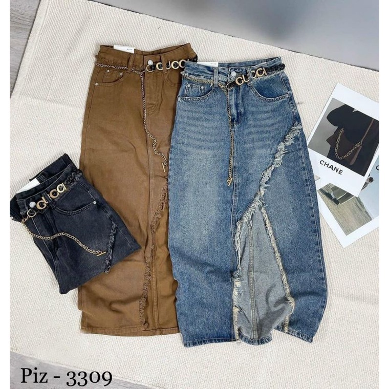 Chân váy jeans xẻ đai xích chữ hàng QCL1